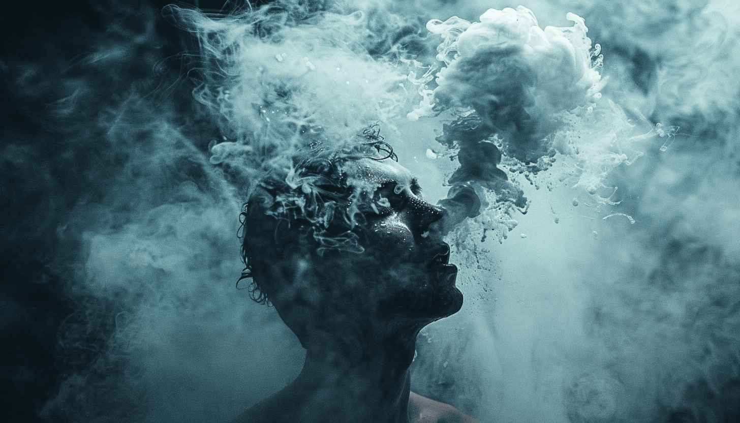 Eine Person atmet vor einem dunklen Hintergrund eine dichte Rauchwolke aus und zeigt dabei eine bemerkenswerte CO2-Verträglichkeit, wobei ihr Gesicht im wirbelnden Dampf teilweise verdeckt ist.