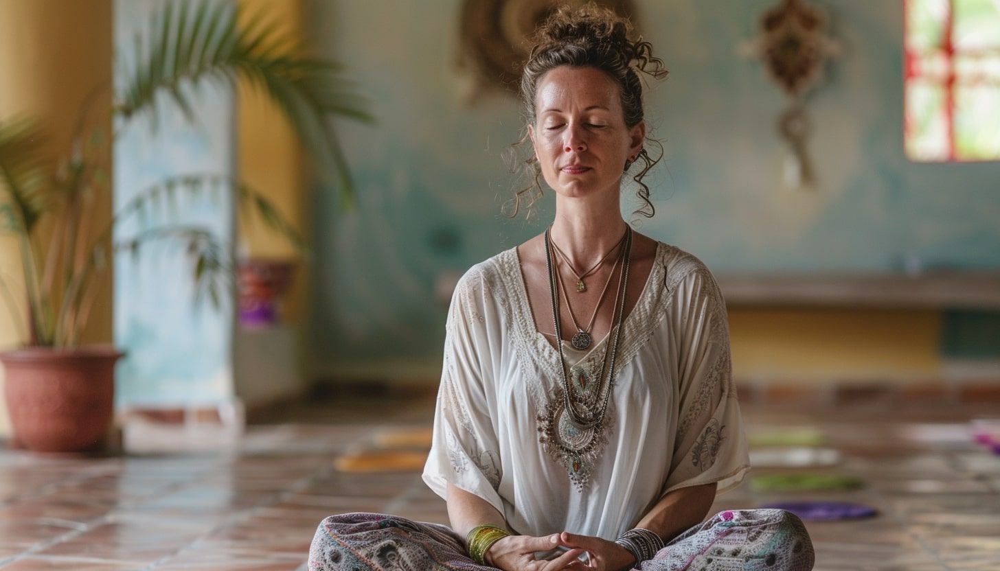 Eine Person sitzt mit gekreuzten Beinen und geschlossenen Augen in einem ruhigen Raum und verkörpert die Prinzipien der acht Glieder des Raja Yoga. Sie trägt ein weißes Oberteil und gemusterte Hosen, umgeben von Pflanzen und farbenfrohen Dekorationen, die die friedliche Atmosphäre verstärken.
