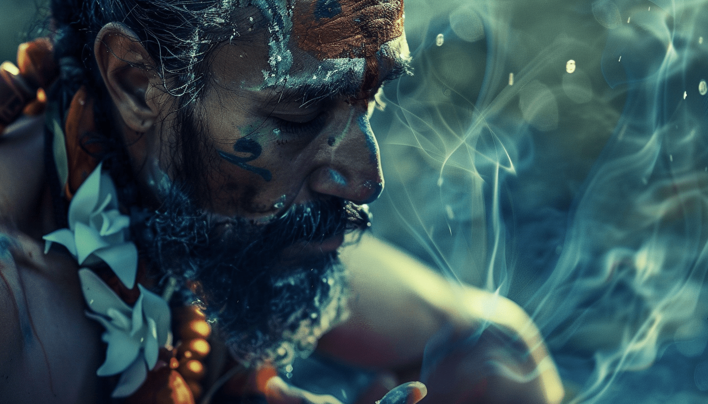 Eine Person mit Gesichtsbemalung und Perlen, umgeben von Rauch, konzentriert sich intensiv auf ein meditatives Ho'oponopono-Ritual.