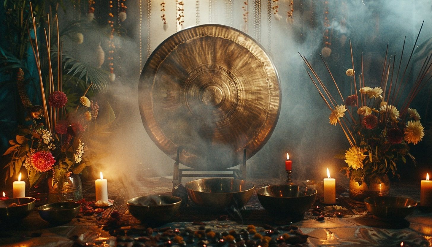 Ein großer Gong, umgeben von Kerzen, Blumen und Weihrauch, schafft eine mystische Atmosphäre, perfekt für Klangheilung. Mehrere Schalen und kleine Steine sind auf dem Boden angeordnet, im Hintergrund steigt Rauch auf.