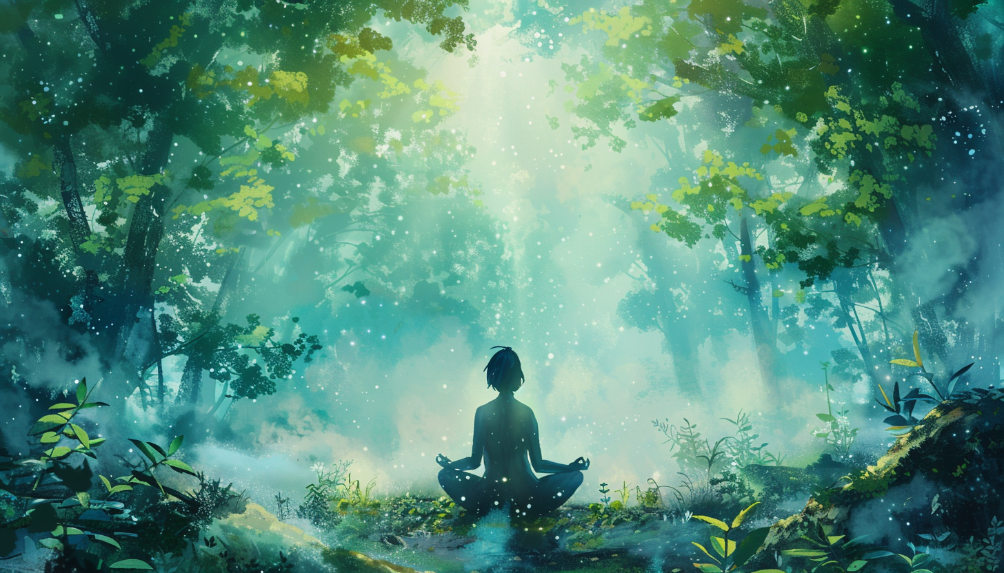 Eine Person sitzt in meditativer Haltung in einem üppigen Wald und übt bewusstes, verbundenes Atmen. Sonnenlicht fällt durch die Bäume, während Nebel und glitzernde Lichter sie umgeben.