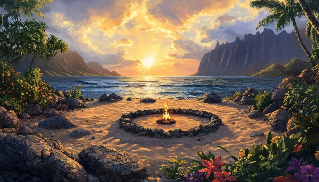Tropische Strandszene bei Sonnenuntergang, wo ein kleines Lagerfeuer, umgeben von Felsen im Sand, unter dem Hunalehre-Himmel flackert. Palmen und leuchtende Blumen rahmen den Blick auf das Meer und die Berge in der Ferne ein.