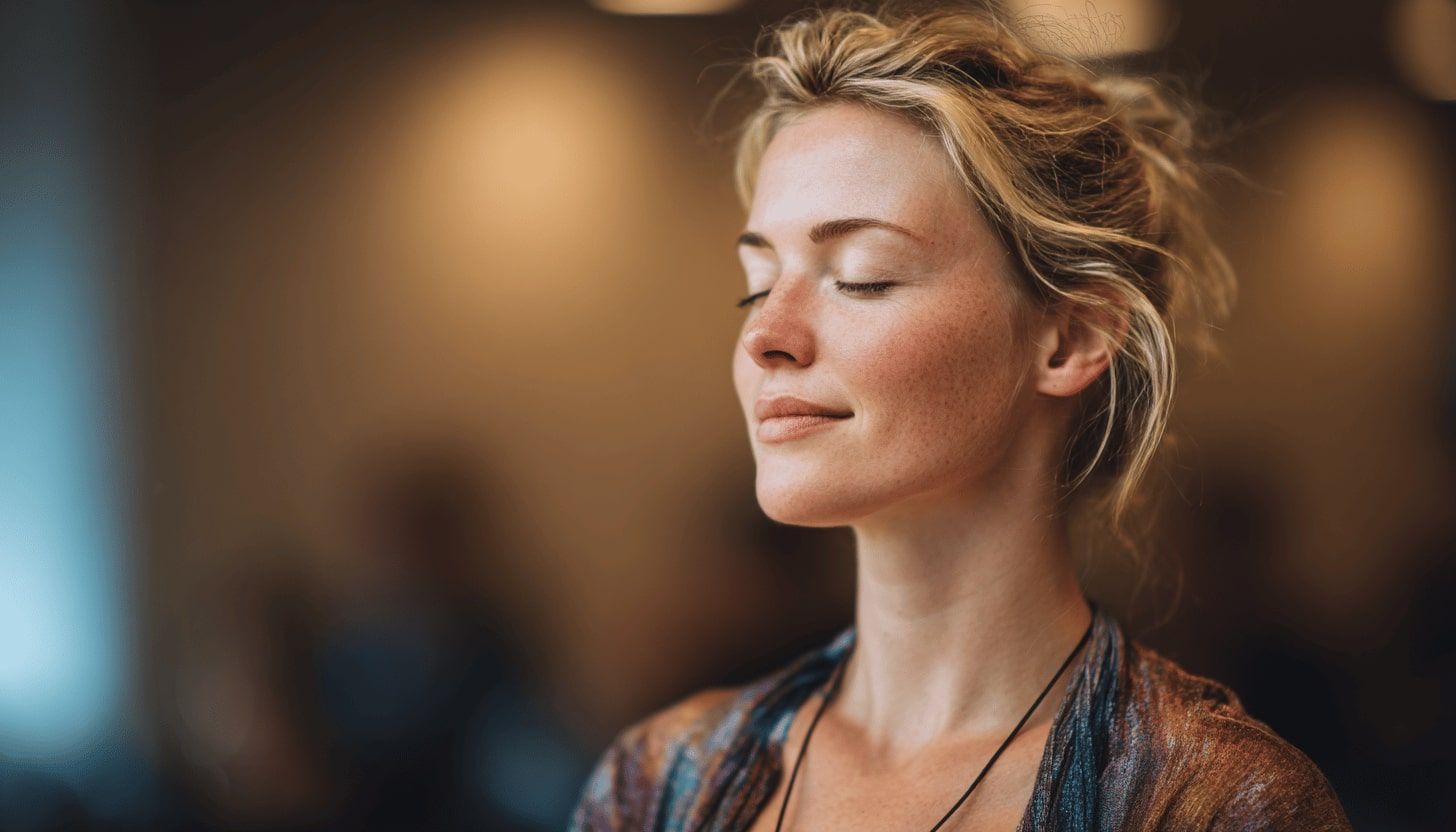 Eine Person mit geschlossenen Augen und ruhigem Gesichtsausdruck steht in einem Raum, der in weiches, warmes Licht getaucht ist - ein heiterer Moment, der an eine Breathwork Online Kurs Erfahrung erinnert.