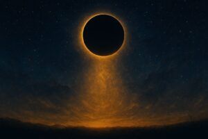 Eine Sonnenfinsternis mit einem glühenden Lichtring ziert den nächtlichen Sternenhimmel über Wattens und wirft ein orangefarbenes Leuchten auf die Landschaft - eine inspirierende Szene für achtsame Atemarbeit unter dem Himmelsschauspiel.