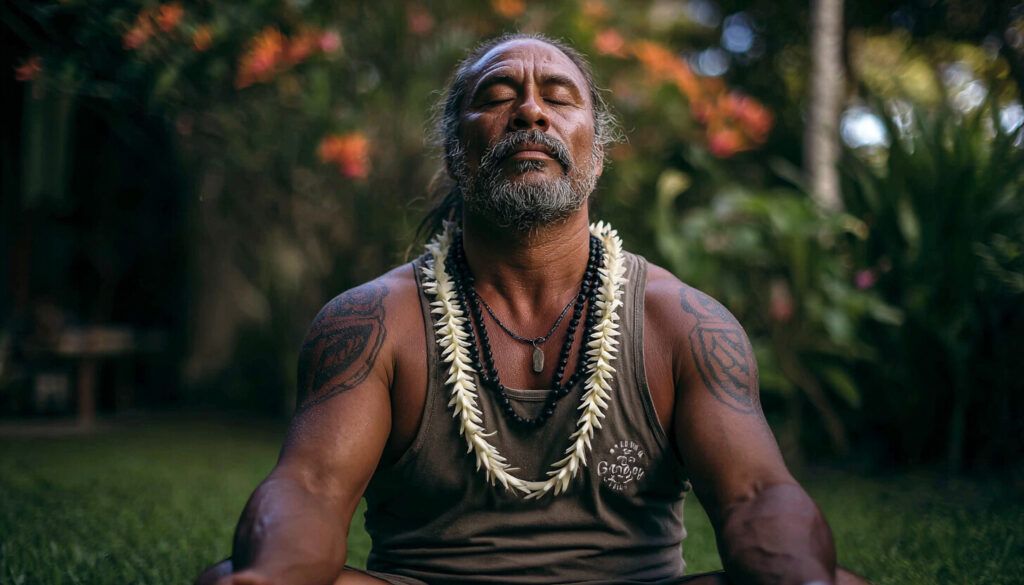 Ein Mann mit Tätowierungen und einem Blumenkranz sitzt im Schneidersitz im Freien, die Augen geschlossen, und übt inmitten von üppigem Grün und orangefarbenen Blumen die Piko Piko Atmung-Meditation.