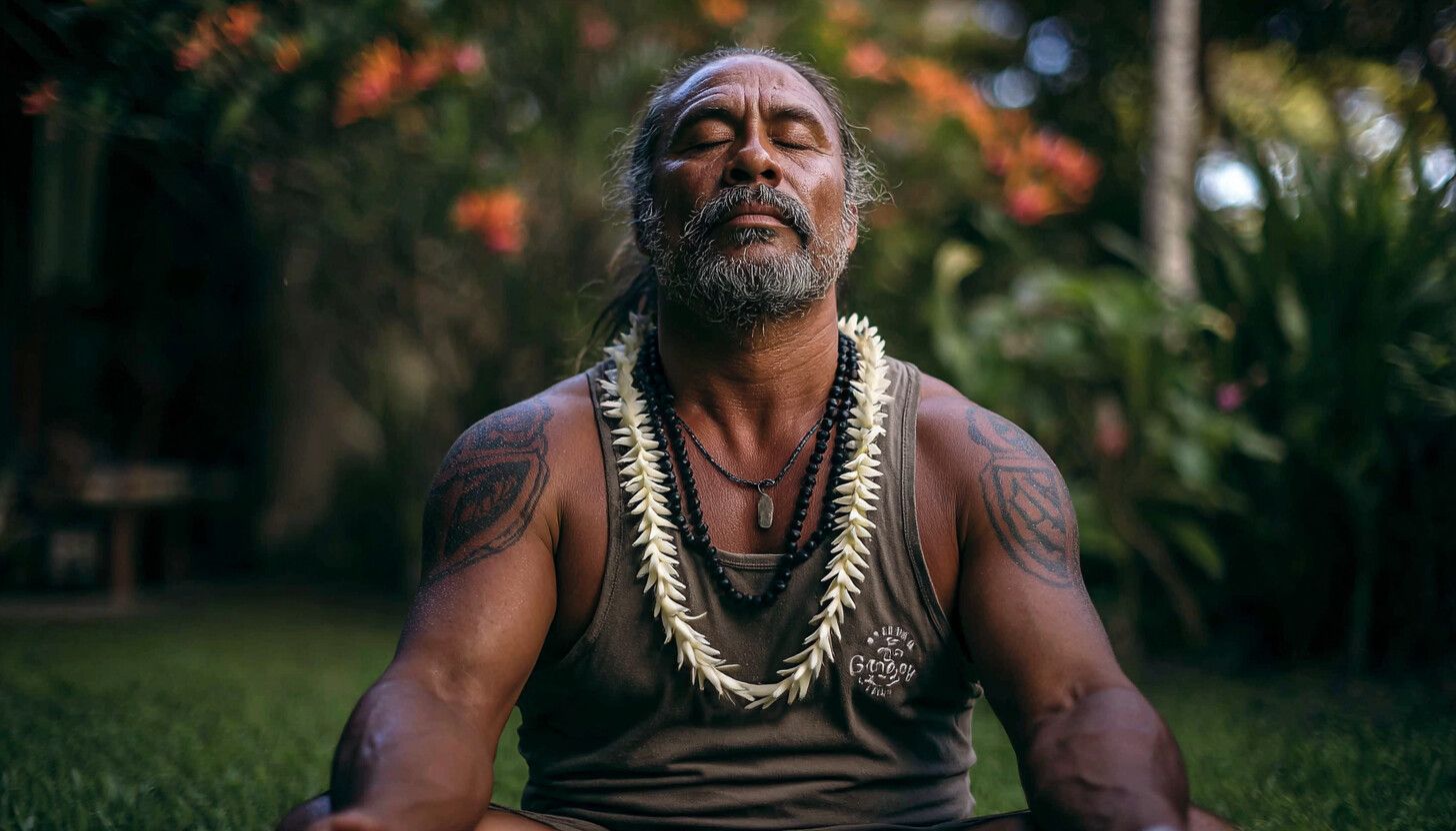Ein Mann mit Tätowierungen und einem Blumenkranz sitzt im Schneidersitz im Freien, die Augen geschlossen, und übt inmitten von üppigem Grün und orangefarbenen Blumen die Piko Piko Atmung-Meditation.