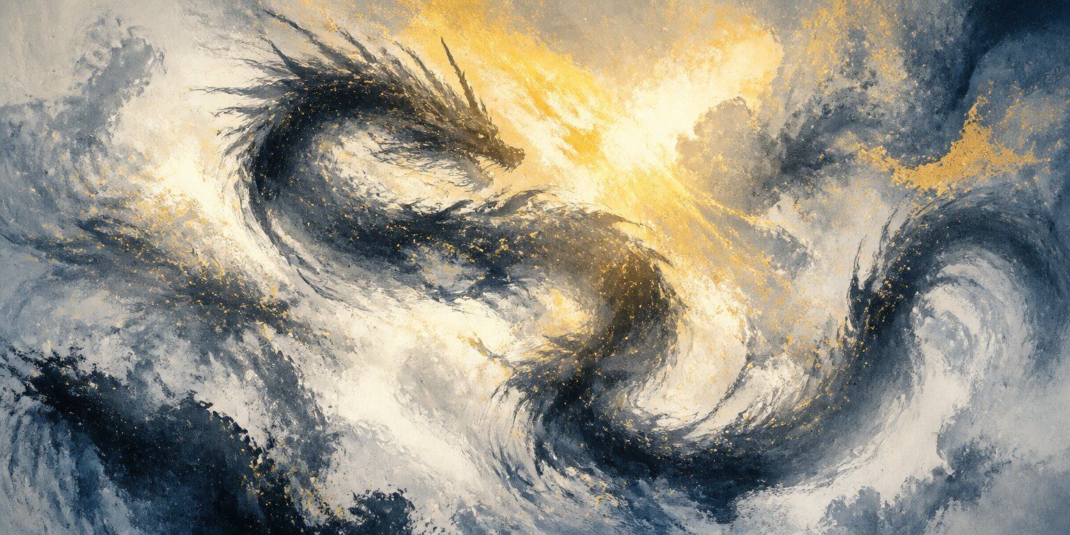 Ein Drache mit fließenden, rauchartigen Zügen windet sich am Himmel inmitten wirbelnder Wolken, beleuchtet von strahlendem goldenem und weißem Licht – ein ätherischer Wächter, den manche als „Der Wanderer“ kennen.