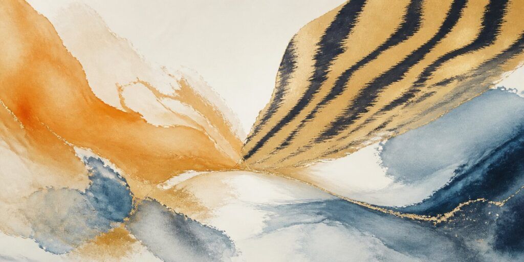 Abstrakte Malerei mit wirbelnden orangefarbenen und blauen Formen, goldenen Akzenten und schwarzen Streifen auf einem hellbraunen Bereich, die sich sanft in den hellen Hintergrund einfügen – und dabei das Gefühl von Reise und Besinnung hervorrufen, wie es in „Der Wanderer“ zu sehen ist.