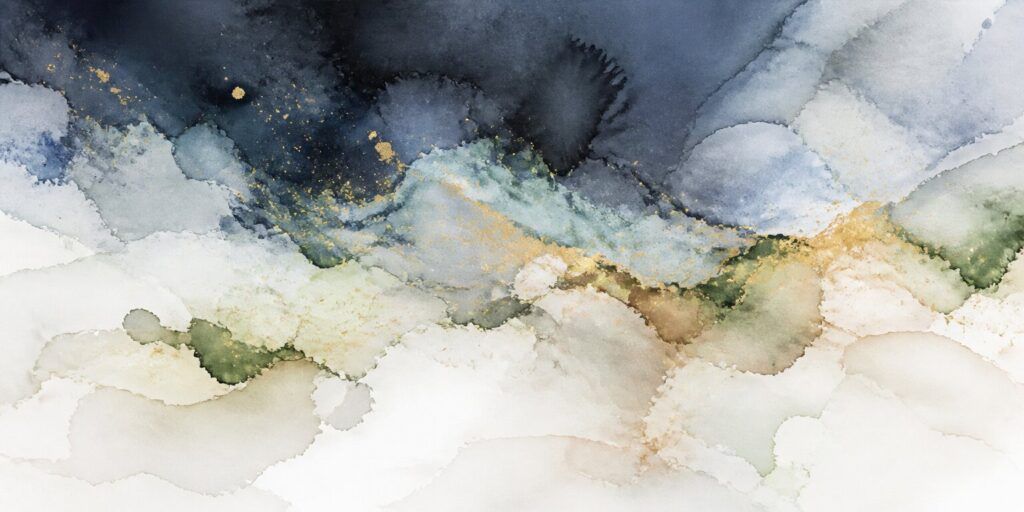 Ein abstraktes Aquarell mit wirbelnden Blau-, Weiß-, Gold- und Grüntönen erzeugt eine wolkige, fließende Textur, die an eine Landschaft oder den Himmel erinnert – und den Geist von „Der Wanderer“ heraufbeschwört, als würde es einen Moment einfangen, der zwischen Erde und Atmosphäre schwebt.