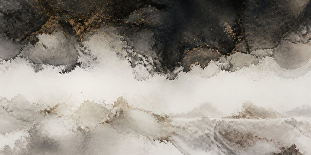 Ein abstraktes Aquarell, das im oberen Bereich dunkle, wolkenartige Formen, in der Mitte hellere Grau- und Weißtöne und im unteren Bereich sanfte, erdige Farbtöne zeigt – eine stimmungsvolle Landschaft, die an die kontemplativen Reisen des „Wanderers“ durch wechselnde Stimmungen erinnert.