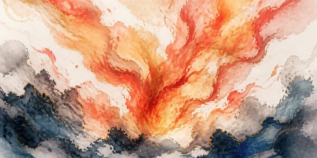 Ein Aquarell mit wirbelnden roten, orangefarbenen und gelben Formen, die an Feuer oder eine Explosion erinnern, vor dunklen, zerklüfteten Konturen, die an Berge oder Wolken denken lassen – eine dynamische Szene, die den Geist von „Der Wanderer“ heraufbeschwört, der den ungezähmten Naturgewalten gegenübersteht.