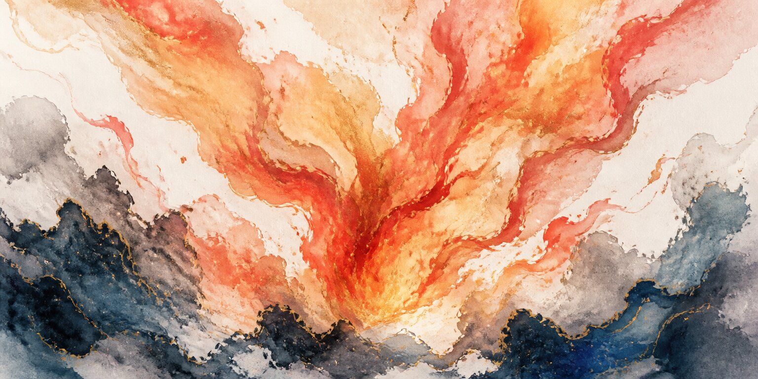 Ein Aquarell mit wirbelnden roten, orangefarbenen und gelben Formen, die an Feuer oder eine Explosion erinnern, vor dunklen, zerklüfteten Konturen, die an Berge oder Wolken denken lassen – eine dynamische Szene, die den Geist von „Der Wanderer“ heraufbeschwört, der den ungezähmten Naturgewalten gegenübersteht.