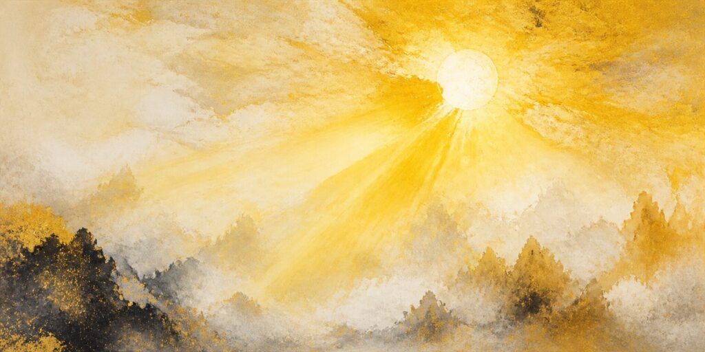Abstrakte Malerei einer leuchtend gelben Sonne, die über nebelverhüllte Berge scheint; ihre Strahlen erhellen Wolken und dunstige Gipfel in einer Szene, die an „Der Wanderer“ erinnert, der die ruhige Landschaft erkundet.
