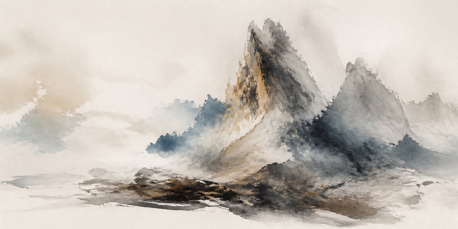 Aquarellmalerei von nebelverhangenen Bergen mit zerklüfteten Gipfeln und einem bewölkten Himmel, gehalten in gedämpften Blau-, Braun- und Grautönen – sie fängt perfekt die ruhige Schönheit ein, die ein Wanderer bei einer Wanderung durch abgelegene Landschaften erleben könnte.