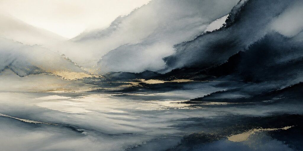 Abstrakte Aquarellmalerei von nebelverhangenen Bergen, inspiriert vom Geist des „Wanderers“, mit dunkelblauen und goldenen Akzenten, die sich auf einer ruhigen Wasserfläche unter einem bewölkten Himmel spiegeln.
