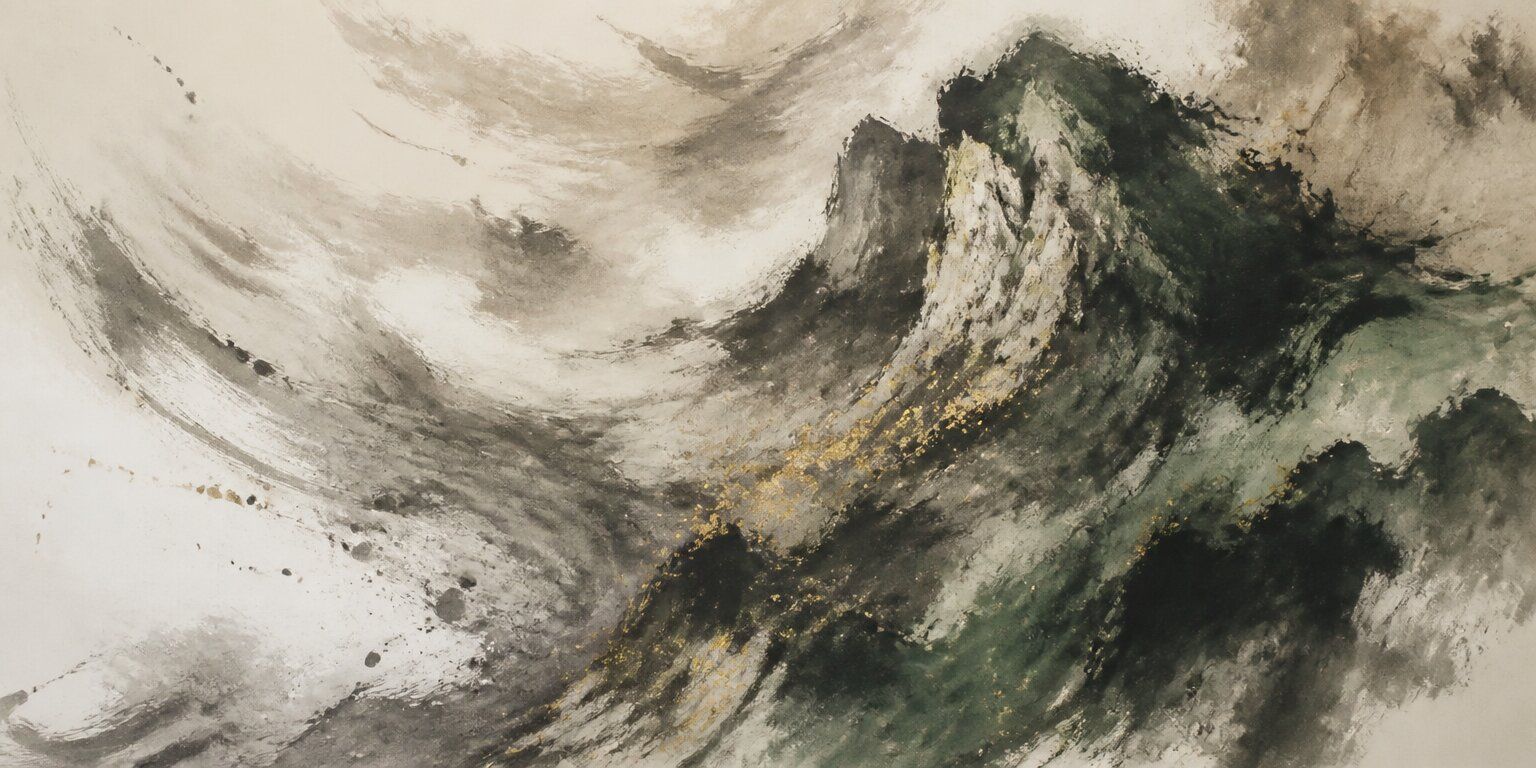Abstrakte Darstellung turbulenter Wellen in dunkelgrünen, schwarzen und beigen Farbtönen mit goldenen Akzenten, die dynamisch über die Leinwand wirbeln und an die unruhige Reise des „Wanderers“ erinnern.
