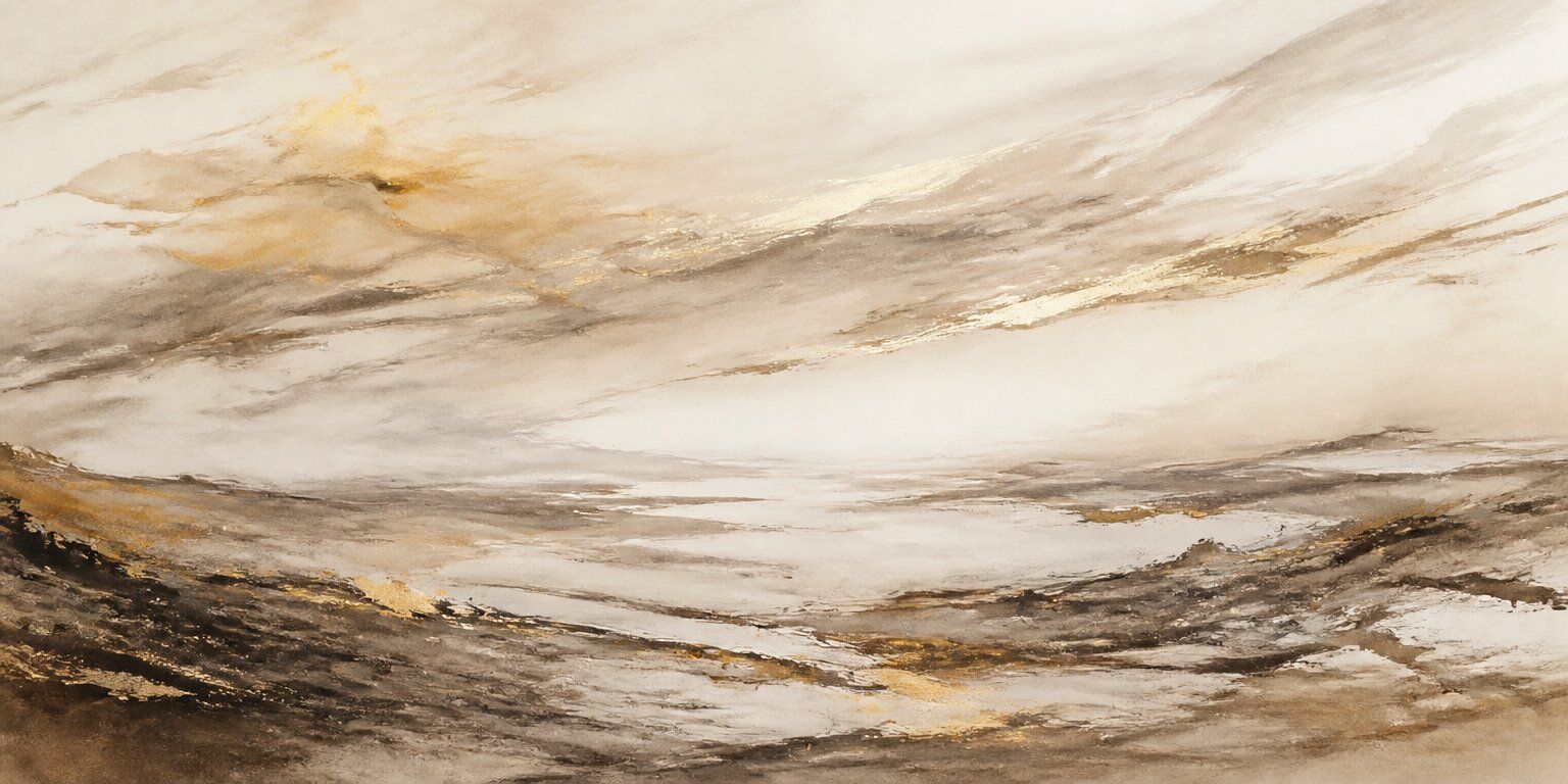 Ein abstraktes Gemälde mit wirbelnden grauen, weißen und goldenen Pinselstrichen, die an einen bewölkten Himmel und eine raue Landschaft erinnern und den Geist von „Der Wanderer“ inmitten eines geheimnisvollen Horizonts heraufbeschwören.