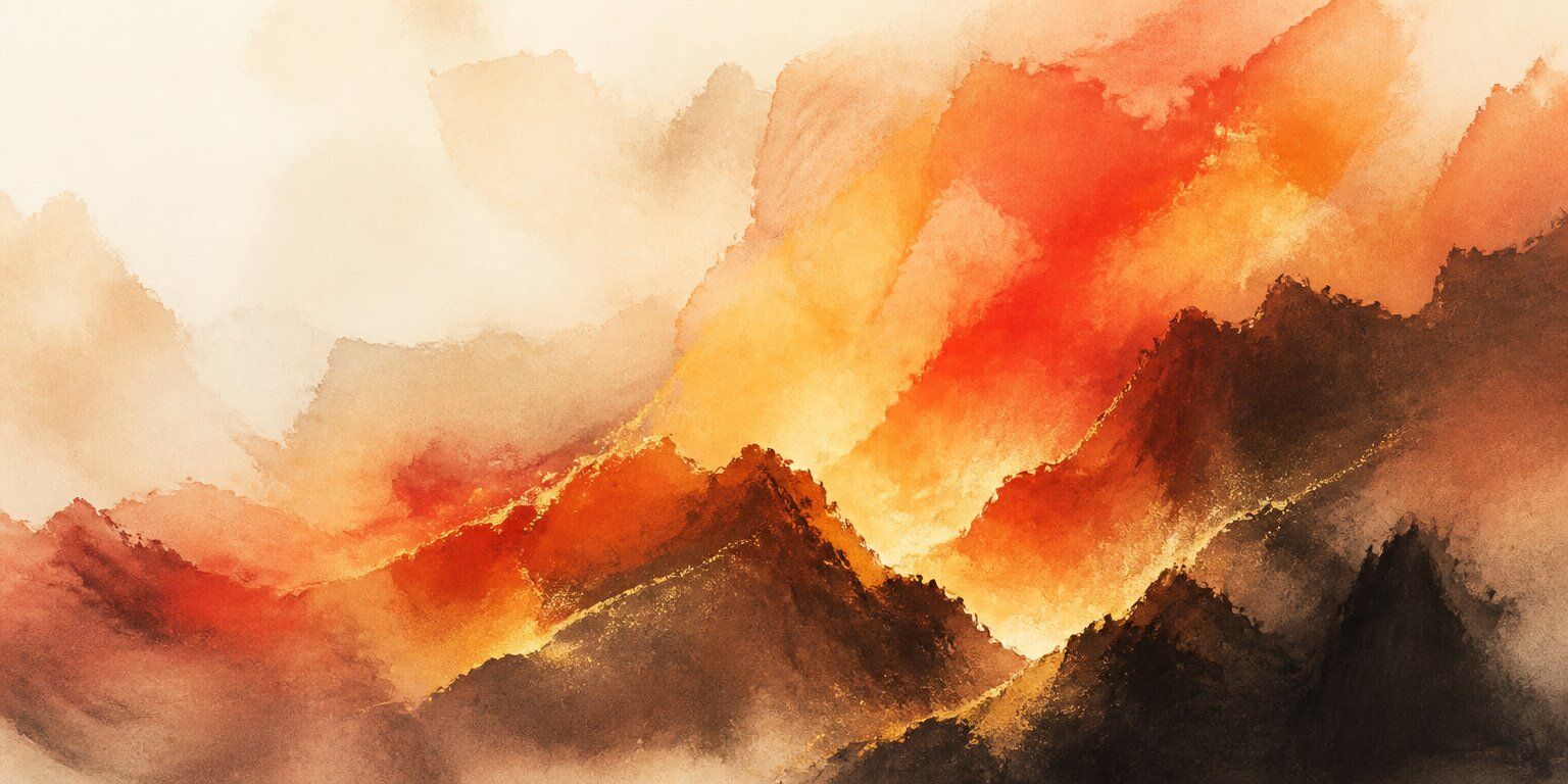 Aquarellmalerei von Bergen in warmen Orange-, Rot- und Gelbtönen, die in Braun- und Beigetöne übergehen und so eine abstrakte, nebelverhüllte Landschaft schaffen, die „die Anmut“ ausstrahlt – ein Gefühl von Anmut und Eleganz, das sich über das gesamte Bild erstreckt.