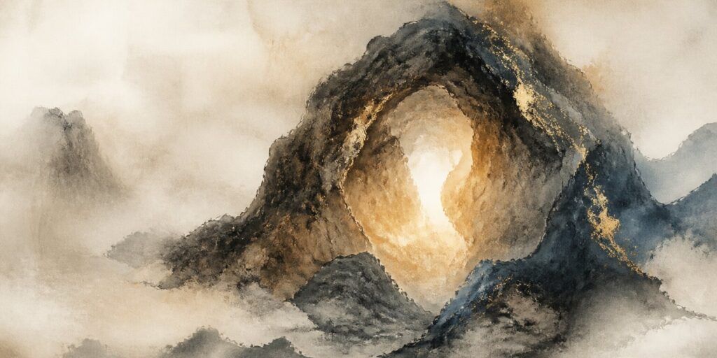 Abstraktes Aquarellbild von nebelverhangenen Bergen mit einem leuchtenden Licht in der Mitte, das in Braun-, Gold- und Blautönen gehalten ist. Dieses Kunstwerk vermittelt ein Gefühl von „Zähmungskraft“ und fängt die ruhige Kraft ein, die selbst die wildesten Landschaften zähmt.