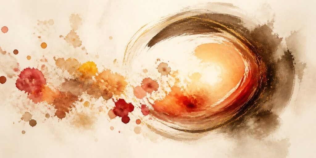 Ein abstraktes Aquarell mit wirbelnden Orange-, Braun- und Gelbtönen, akzentuiert durch vereinzelte Farbspritzer auf hellem Hintergrund – ein ausdrucksstarkes Werk, das die dynamische Energie bewusster Ernährung heraufbeschwört.