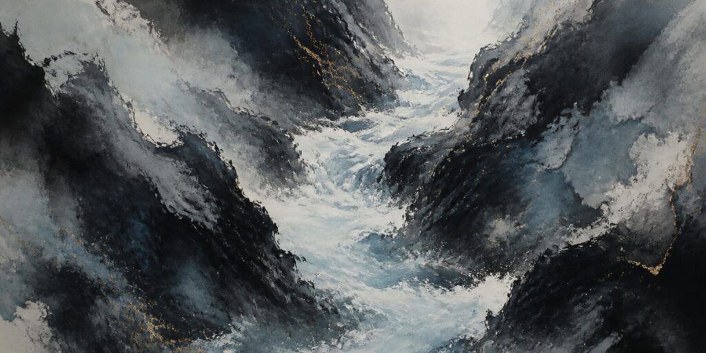 Abstrakte Darstellung eines Gebirgsbachs (Wasser), der zwischen abgründigen, dunklen, felsigen Klippen mit Stromschnellen und einer nebligen, wolkigen Atmosphäre fließt.