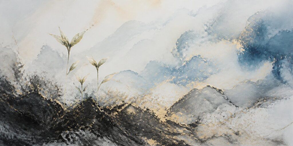 Abstrakte Darstellung von drei Pflanzen, die aus dunkler Erde emporwachsen, vor dem Hintergrund wirbelnder blauer, grauer und goldener Wolken – eine Szene, die an die Suche des „Wanderers“ nach Sinn inmitten eines sich ständig wandelnden Himmels erinnert.
