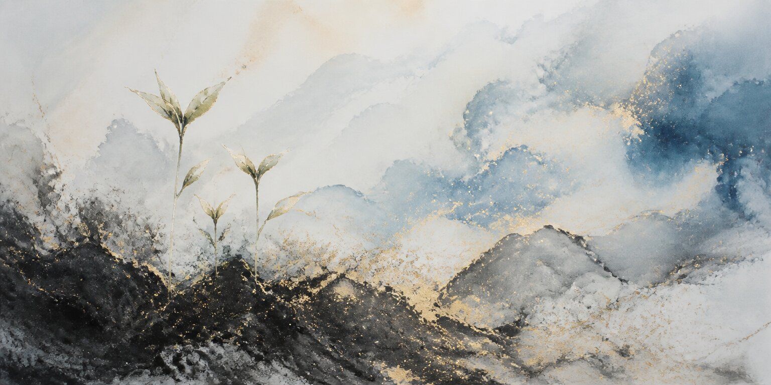Abstrakte Darstellung von drei Pflanzen, die aus dunkler Erde emporwachsen, vor dem Hintergrund wirbelnder blauer, grauer und goldener Wolken – eine Szene, die an die Suche des „Wanderers“ nach Sinn inmitten eines sich ständig wandelnden Himmels erinnert.