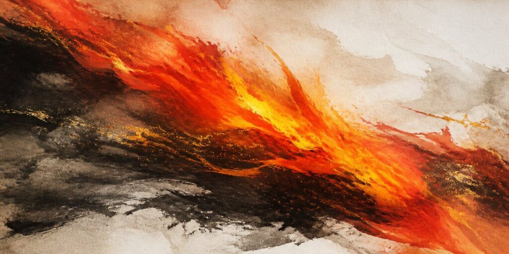 Abstrakte Malerei mit kräftigen roten, orangefarbenen und gelben Strichen sowie schwarzen und grauen Wirbeln, die an Feuer oder eine Explosion auf einer strukturierten, haftenden Oberfläche erinnern.