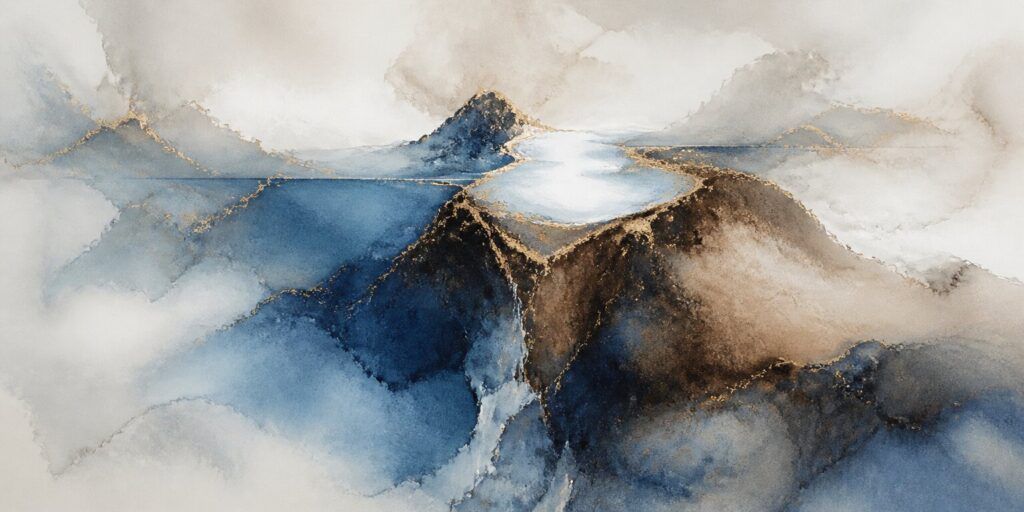 Abstrakte Malerei von blauen und braunen Bergen mit goldenen Akzenten unter einem bewölkten Himmel, mit einem strahlend weißen Bereich in der Mitte, der die Einwirkung von Licht andeutet, das durch die Atmosphäre bricht.
