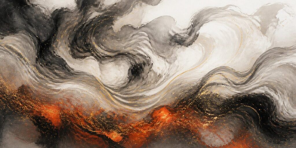 Ein abstraktes Sippe-Gemälde mit wirbelnden schwarzen, weißen und grauen Formen, akzentuiert durch goldene und orangefarbene Spritzer, die eine dynamische, wolkenartige Komposition bilden.