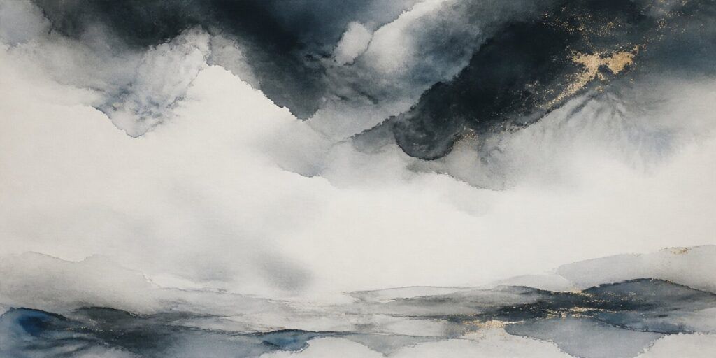 Abstraktes Aquarell in Dunkelblau-, Schwarz- und Weißtönen mit wolkenartigen Formen und goldenen Akzenten; die Komposition erinnert an eine stimmungsvolle Szene oder Landschaft, die an die kontemplative Reise des „Wanderers“ erinnert.