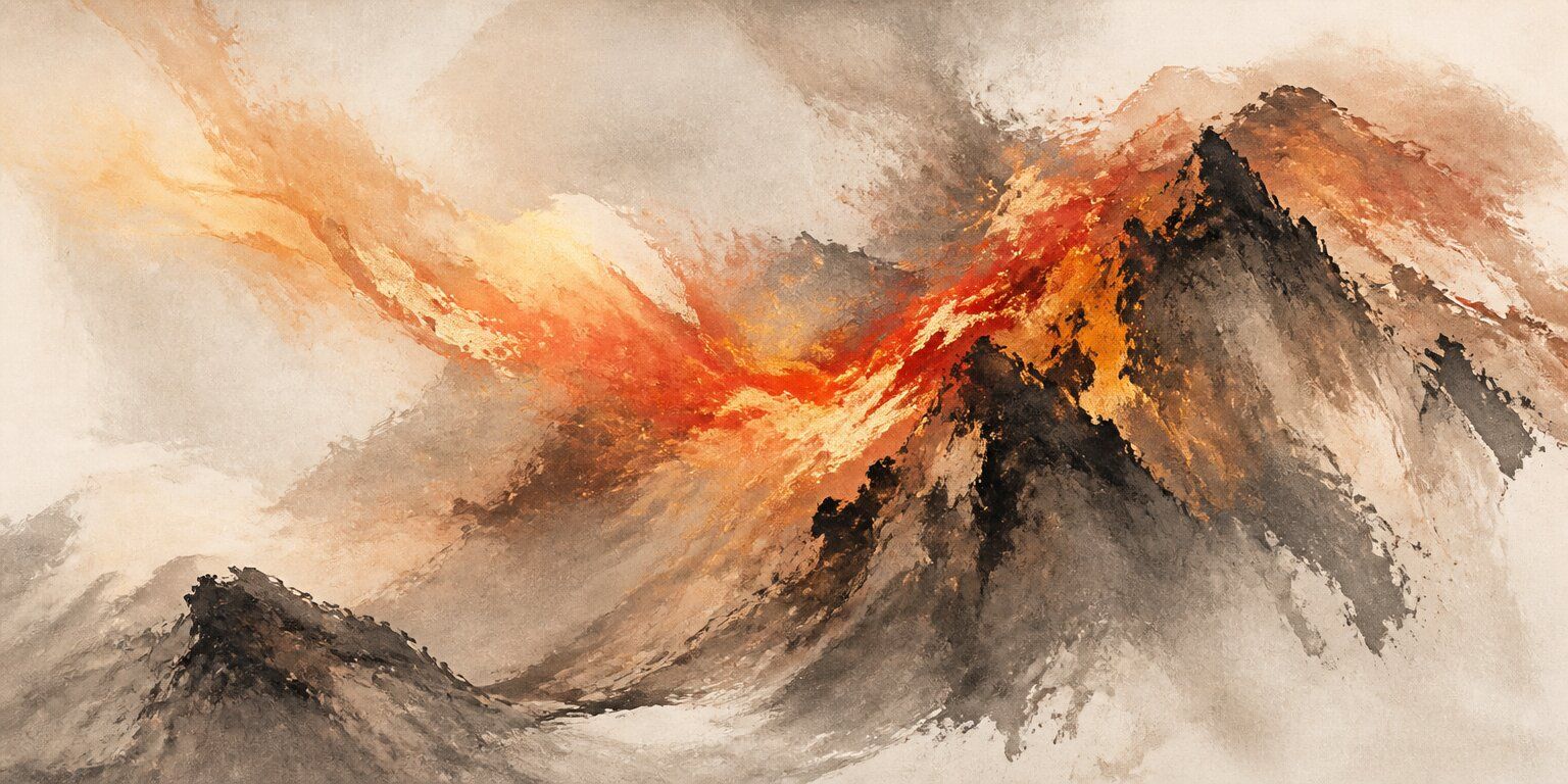 Abstrakte Malerei von Bergen mit dunklen Gipfeln und leuchtend orangefarbenen und gelben Streifen, die an Feuer oder Lava erinnern, vor einem gedämpften Hintergrund, die den dramatischen Geist von „Der Wanderer“ inmitten einer surrealen Landschaft heraufbeschwört.