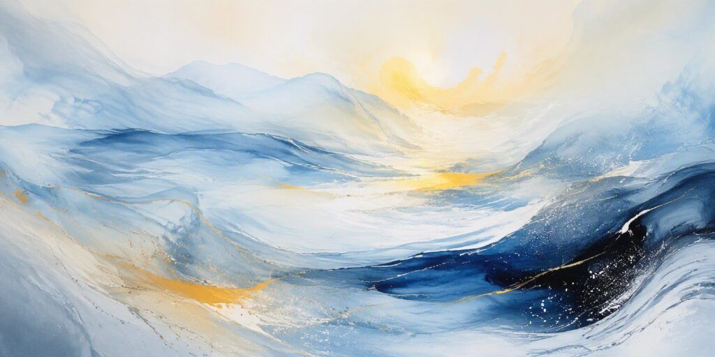 Abstrakte Malerei aus blauen und weißen Wellen mit goldenen Akzenten, die in einen dunstigen, hellen Himmel übergehen, der die Andeutung einer fernen Sonne enthält – und dabei den Geist von „Der Wanderer“ heraufbeschwört, während dieser den Blick über eine endlose Meereslandschaft schweifen lässt.