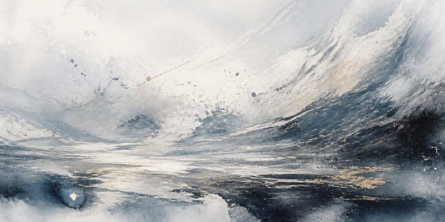 Ein abstraktes Gemälde mit schwungvollen blauen, weißen und goldenen Pinselstrichen, das an den Geist von „Der Wanderer“ erinnert, da es einer nebligen Berglandschaft gleicht, die sich unter einem bewölkten Himmel im Wasser spiegelt.