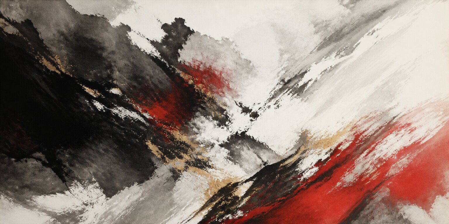 Eine abstrakte Malerei mit kräftigen Pinselstrichen in Rot, Schwarz, Grau und Weiß, die ineinanderfließen und durch dezente Goldakzente hervorgehoben werden – eine visuelle Reise, die an „Der Wanderer“ erinnert und den Betrachter dazu einlädt, unbekannte Gefühlslandschaften zu erkunden.