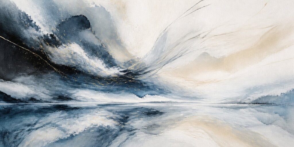 Abstrakte Malerei von Bergen, die sich im Wasser spiegeln, geprägt von wirbelnden Blau-, Grau-, Weiß- und Beigetönen mit dezenten goldenen Akzenten und sanften, fließenden Pinselstrichen – eine moderne Hommage an „Der Wanderer“, die den Geist der Entdeckung und Besinnung in einer ruhigen Landschaft einfängt.