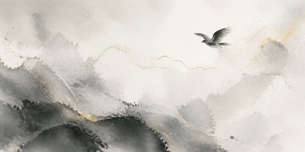 Ein schwarz-weißes Aquarell zeigt einen Vogel, der über abstrakte Berge fliegt, wobei goldene Linien die Landschaft betonen – eine moderne Hommage an „Der Wanderer“, die ein Gefühl von Entdeckungslust und Staunen weckt.