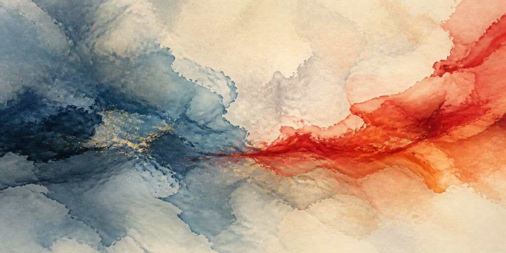 Ein abstraktes Aquarell mit Blautönen auf der linken Seite, Rottönen auf der rechten Seite und goldenen Akzenten, die sich in der Mitte vor einem hellen Hintergrund vermischen, beschwört den Geist von „Der Wanderer“ herauf und fängt in seinen fließenden Formen ein Gefühl von Reise und Besinnung ein.