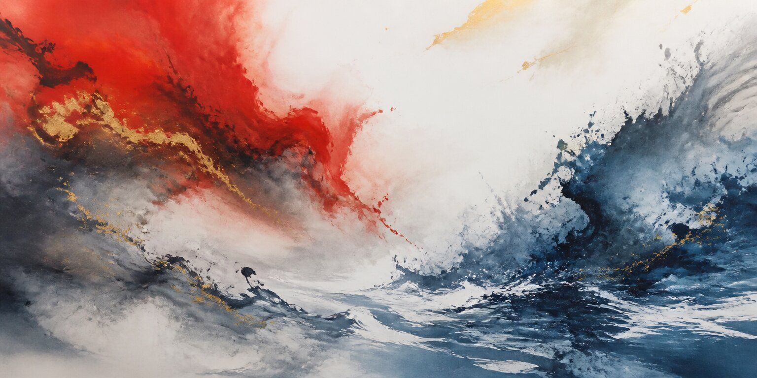 Abstrakte Malerei mit dynamischen roten, weißen und blauen Wirbeln, akzentuiert durch goldene Akzente, die an brechende Wellen und wirbelnde Wolken erinnern – in einer energiegeladenen Komposition, die ein Gefühl der „Vollendung“ oder künstlerischen Vollendung hervorruft.