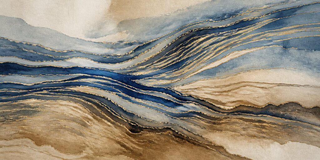 Ein abstraktes Gemälde mit fließenden blauen und beigen Linien, akzentuiert durch goldene Highlights, das ein Gefühl von Bewegung und vielschichtiger Textur vermittelt – und den Geist von „Der Wanderer“ heraufbeschwört, der grenzenlose Horizonte erkundet.