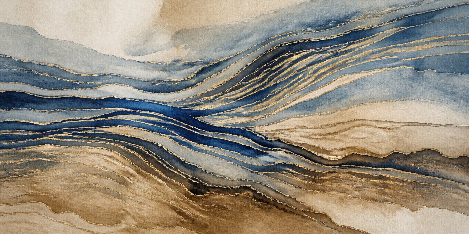 Ein abstraktes Gemälde mit fließenden blauen und beigen Linien, akzentuiert durch goldene Highlights, das ein Gefühl von Bewegung und vielschichtiger Textur vermittelt – und den Geist von „Der Wanderer“ heraufbeschwört, der grenzenlose Horizonte erkundet.