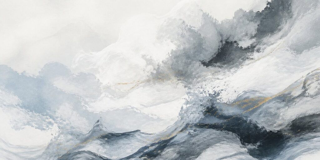 Ein abstraktes Gemälde mit wirbelnden Weiß-, Grau- und Blautönen, die an Wolken oder Wellen erinnern und die Reise eines Wanderers heraufbeschwören, durchzogen von dezenten goldenen Akzenten, die sich durch die gesamte Komposition ziehen.